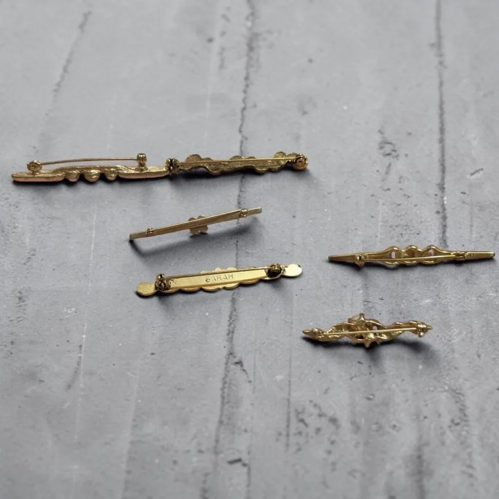 Vintage Gold Tone Bar Brooch Pin Lot of 6, Pearl Rhinestone Ornate Jewelry